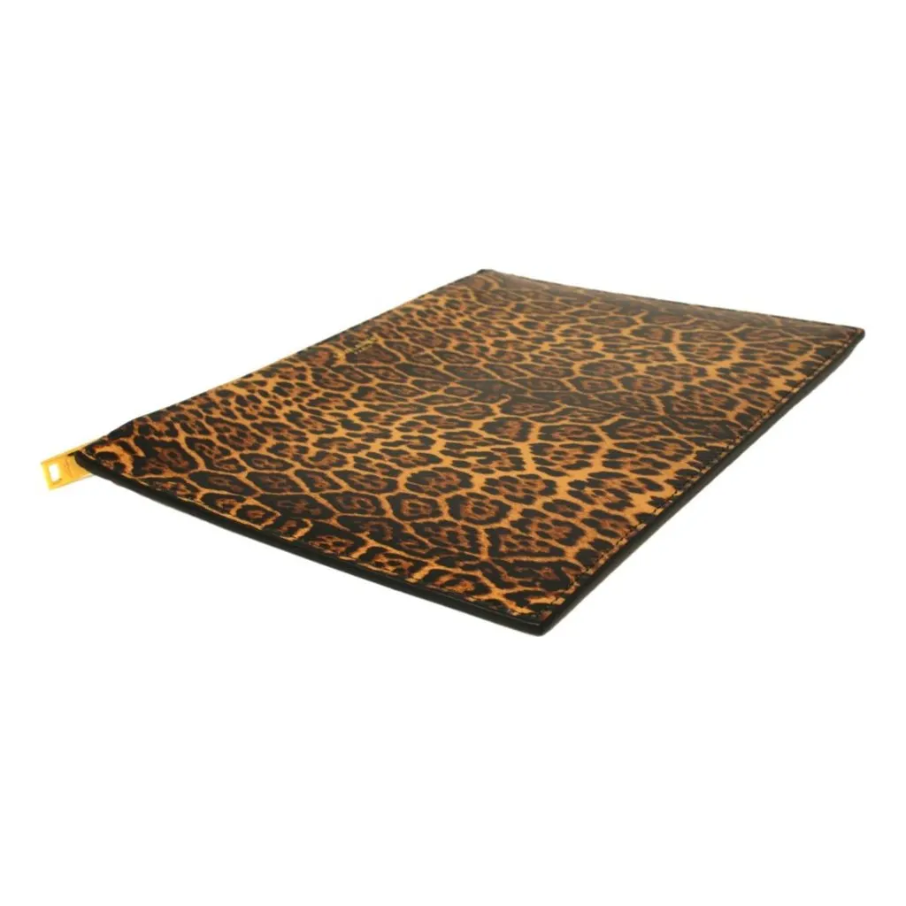 Saint Laurent Leopard Printed Calfskin Leather Medium Pouch Brown Leather Never worn - Inside View