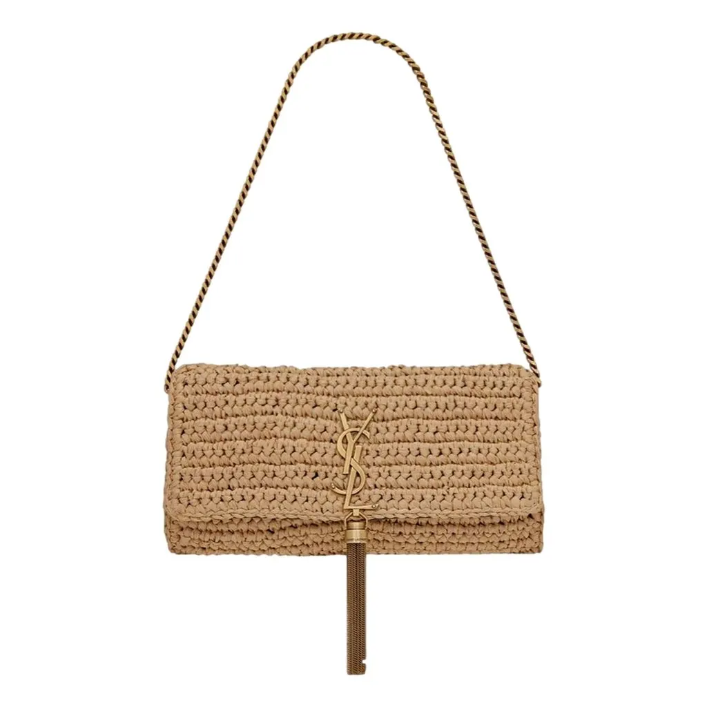 Saint Laurent Kate 99 Beige Raffia Crossbody Bag with Tassel Brown Leather Never worn - Front View