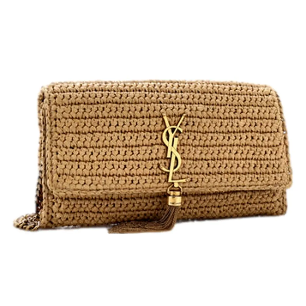 Saint Laurent Kate 99 Beige Raffia Crossbody Bag with Tassel Brown Leather Never worn - Inside View