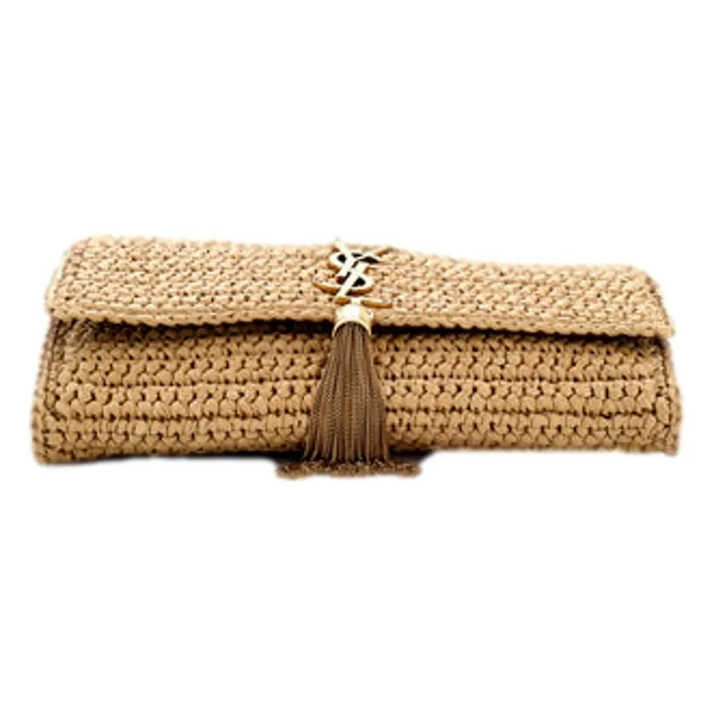 Saint Laurent Kate 99 Beige Raffia Crossbody Bag with Tassel Brown Leather Never worn - Model View