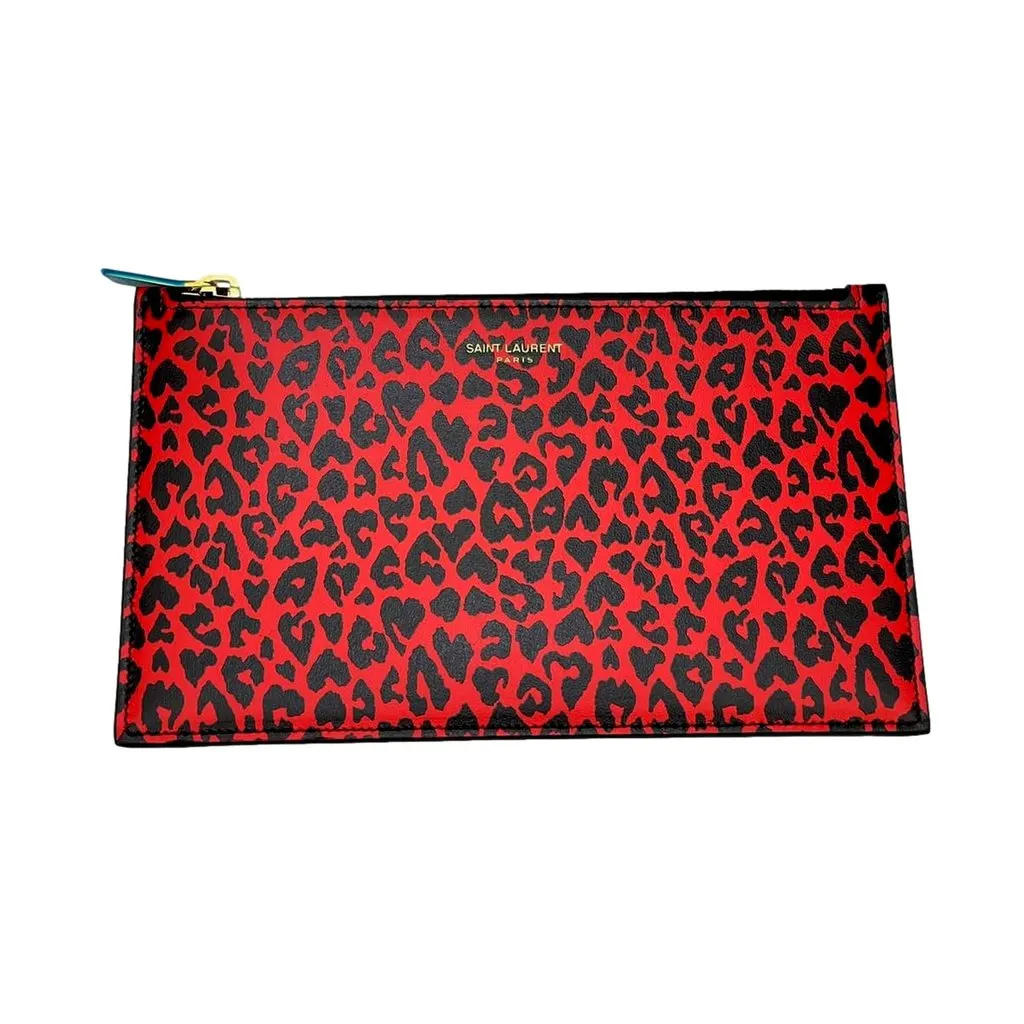 Saint Laurent Rouge Leopard Printed Calfskin Leather Medium Pouch Red Leather Never worn - Back View
