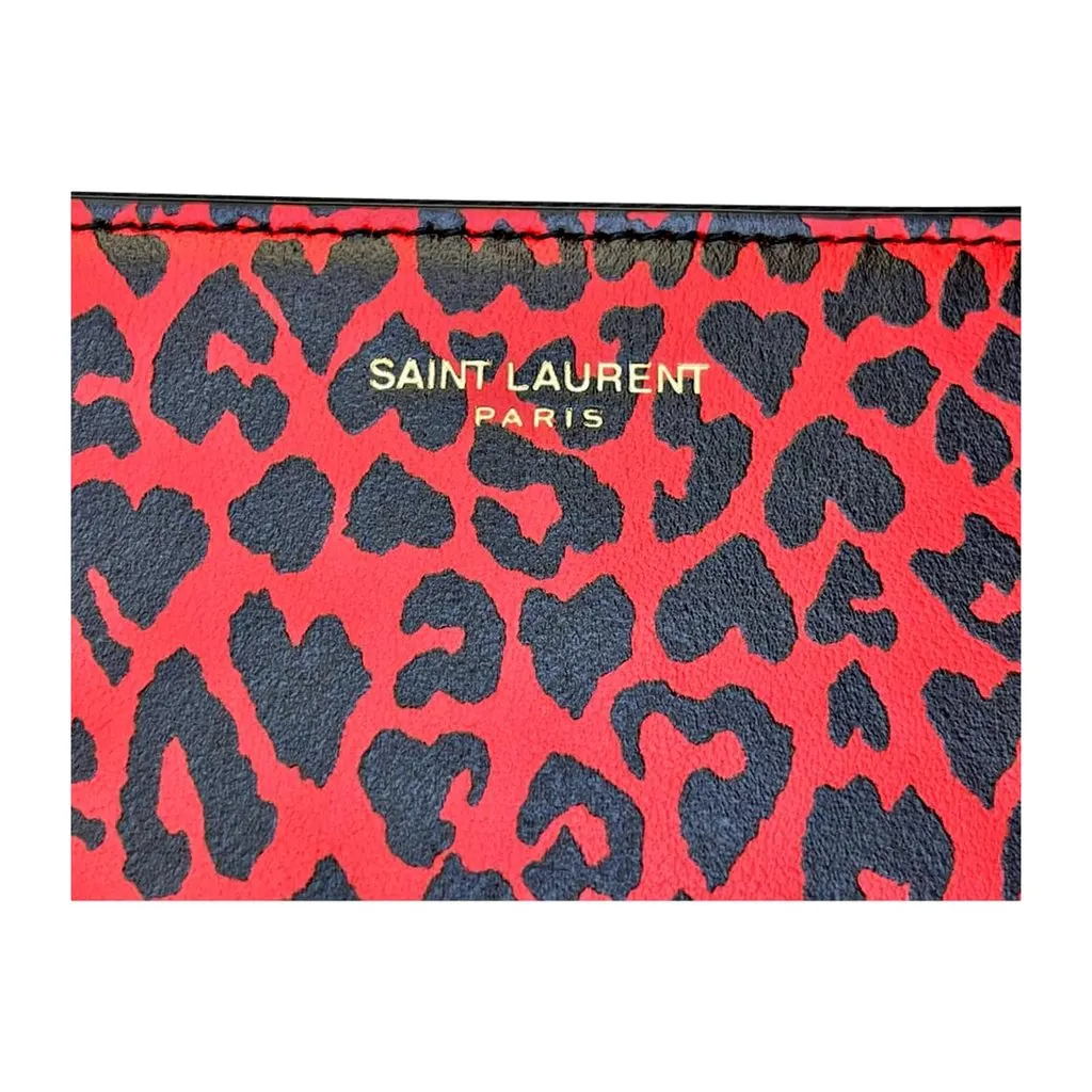 Saint Laurent Rouge Leopard Printed Calfskin Leather Medium Pouch Red Leather Never worn - Inside View