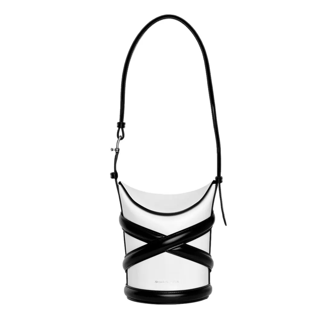 Alexander McQueen Curve Soft Ivory Black Calfskin Bucket Bag White Leather Never worn - Front View