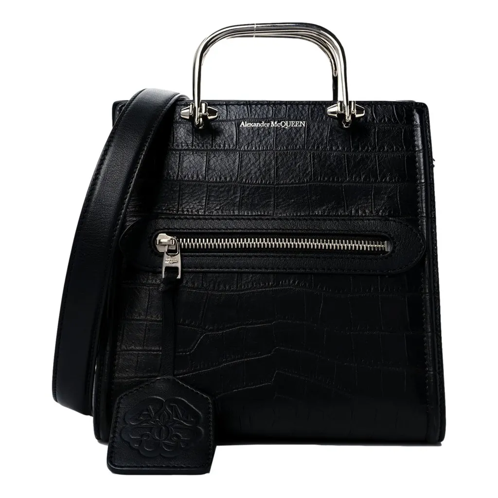 Alexander McQueen The Short Story Black Croc Print Leather Satchel Black Leather Never worn - Front View