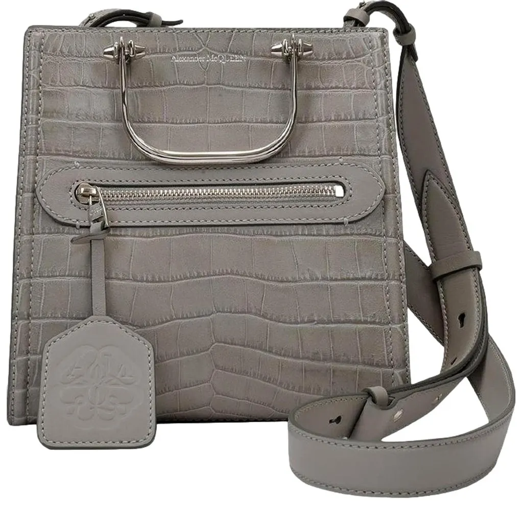 Alexander McQueen The Short Story Grey Croc Print Leather Satchel Grey Leather Never worn - Front View