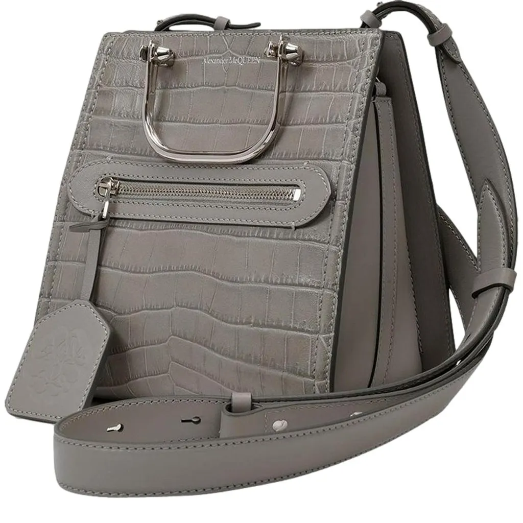 Alexander McQueen The Short Story Grey Croc Print Leather Satchel Grey Leather Never worn - Back View