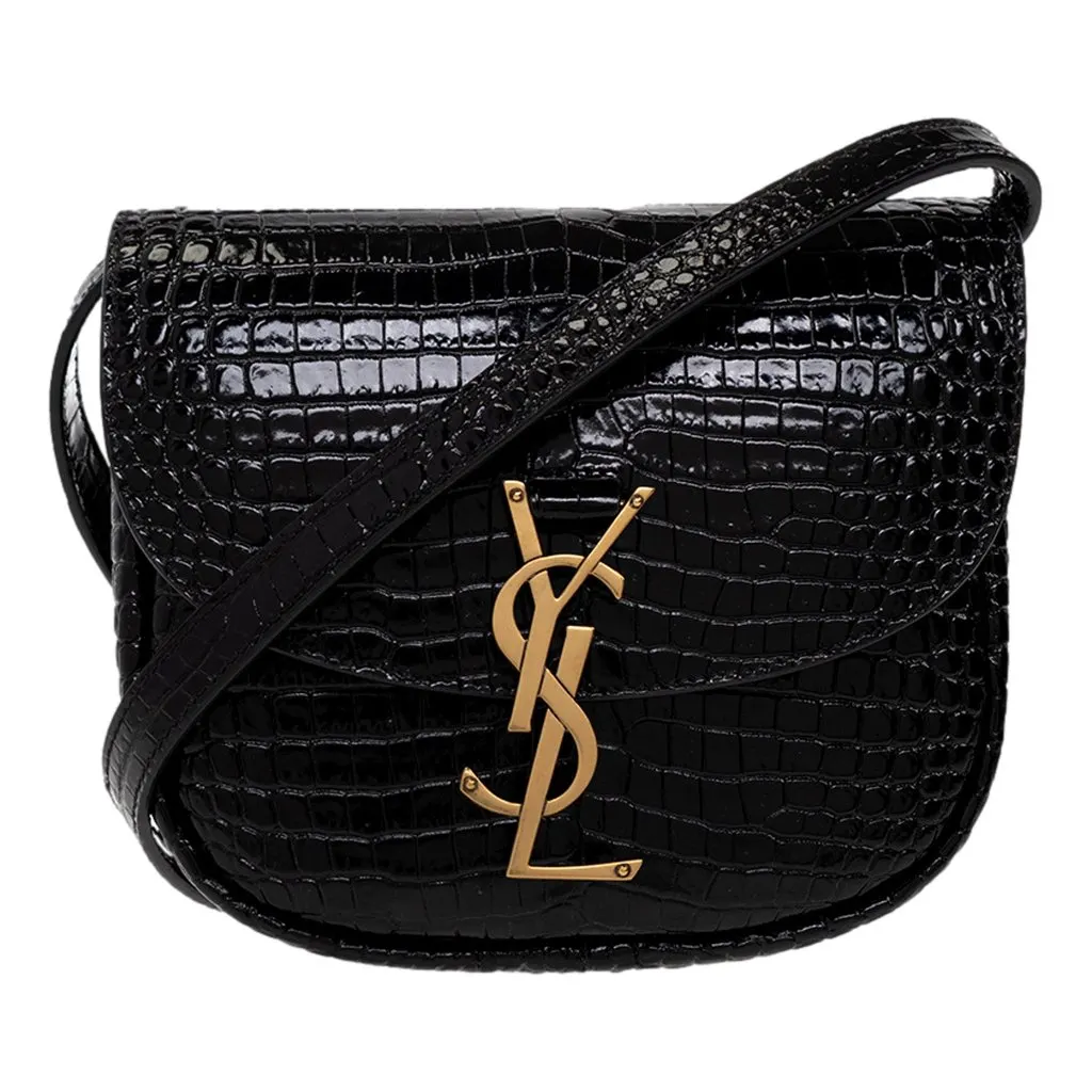 Saint Laurent Kaia Croc Embossed Leather Small Crossbody Bag Black Black Leather Never worn - Front View