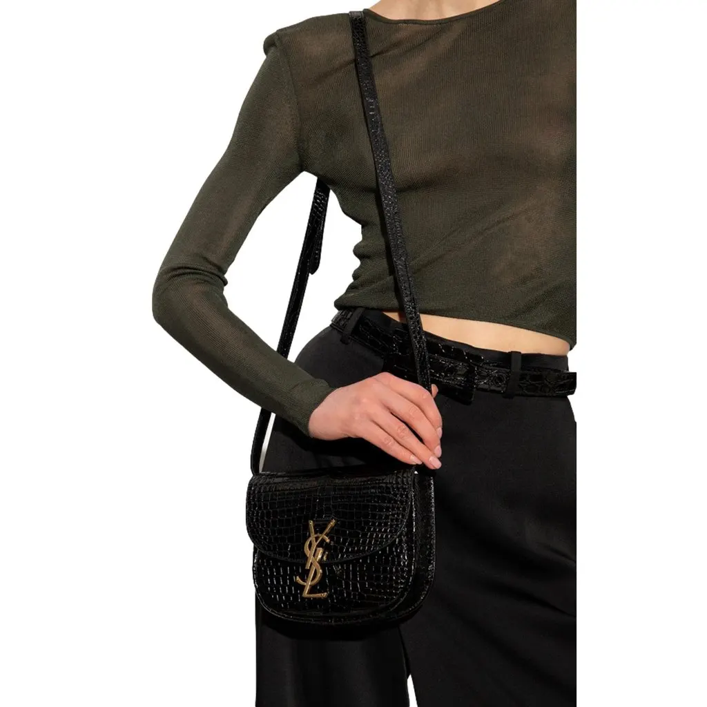 Saint Laurent Kaia Croc Embossed Leather Small Crossbody Bag Black Black Leather Never worn - Box View