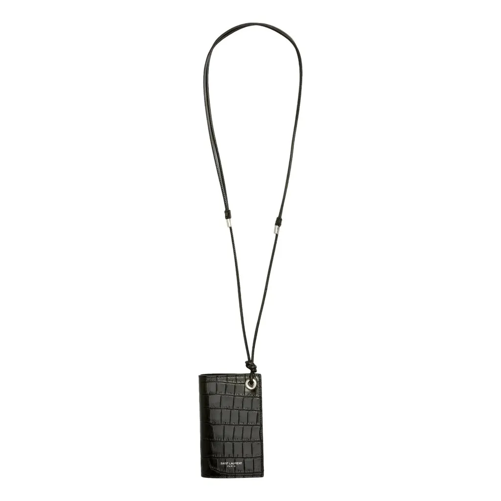Saint Laurent Croc Embossed Black Lanyard Card Case Wallet Black Leather Never worn - Front View