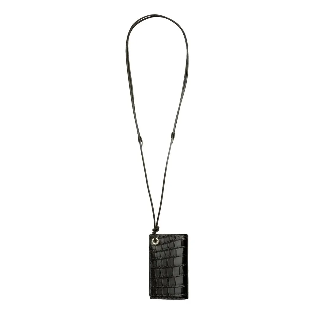 Saint Laurent Saint Laurent Croc Embossed Black Lanyard Card Case Wallet Black Leather Never worn - Back View