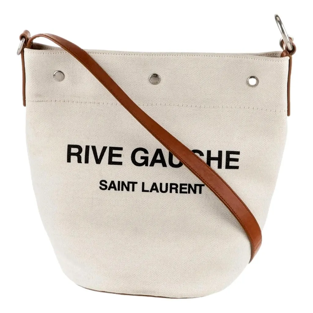 Saint Laurent Rive Gauche Brown Leather Trim Linen Bucket Bag Brown Canvas Never worn - Front View