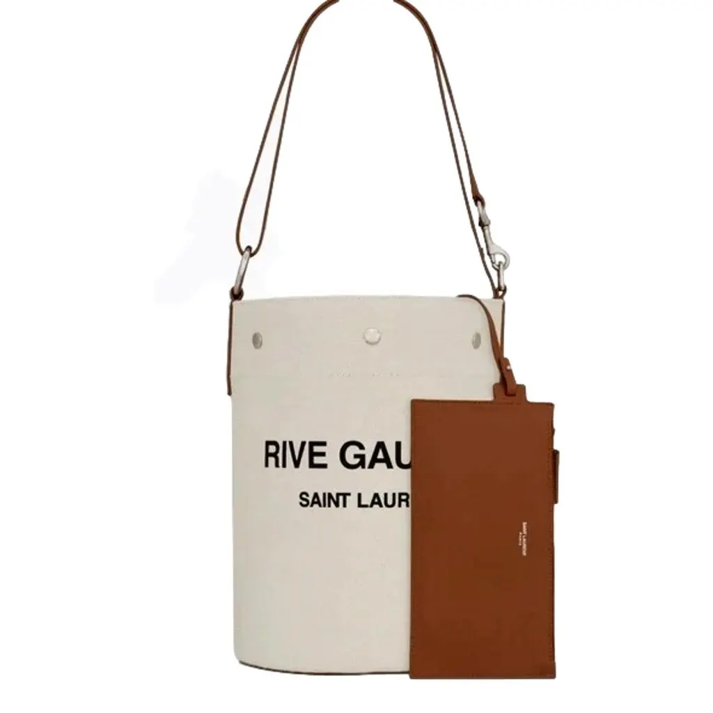 Saint Laurent Rive Gauche Brown Leather Trim Linen Bucket Bag Brown Canvas Never worn - Back View