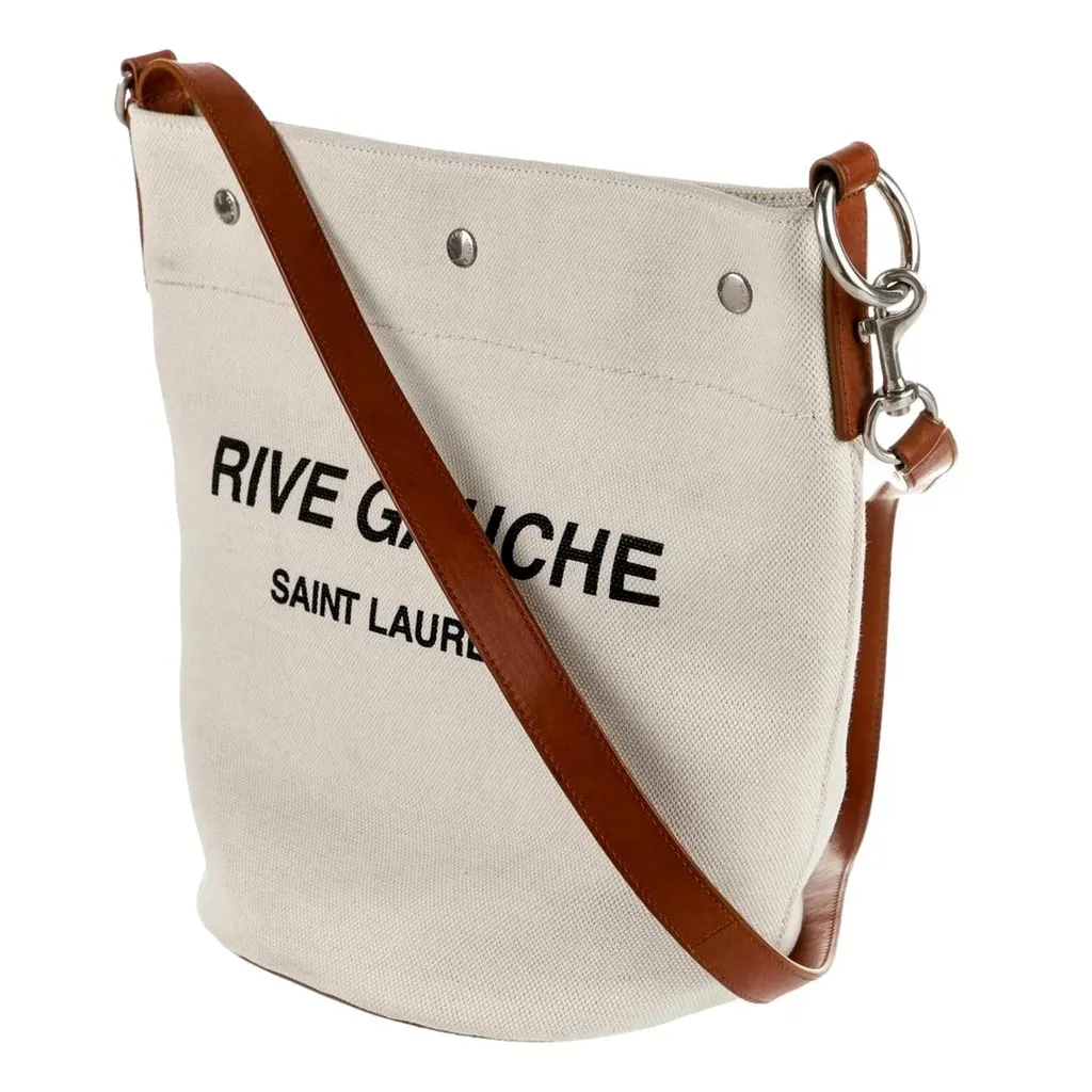 Saint Laurent Rive Gauche Brown Leather Trim Linen Bucket Bag Brown Canvas Never worn - Inside View