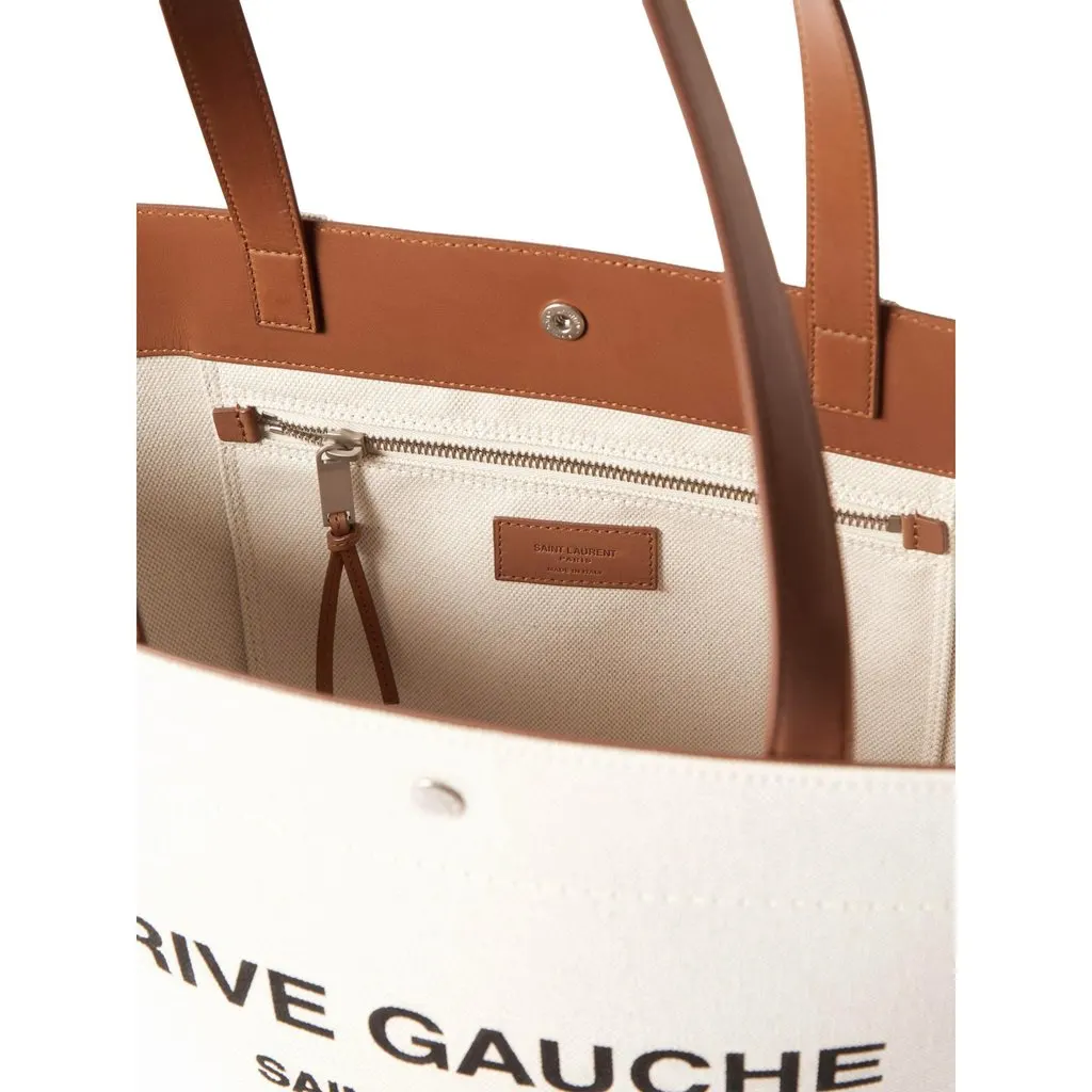 Saint Laurent Rive Gauche Brown Leather Trim Linen Bucket Bag Brown Canvas Never worn - Model View
