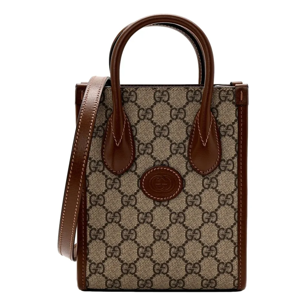 Gucci Interlocking G Leather Emblem Supreme Canvas Brown Leather Mini Shopper Tote Brown Leather Never worn - Front View