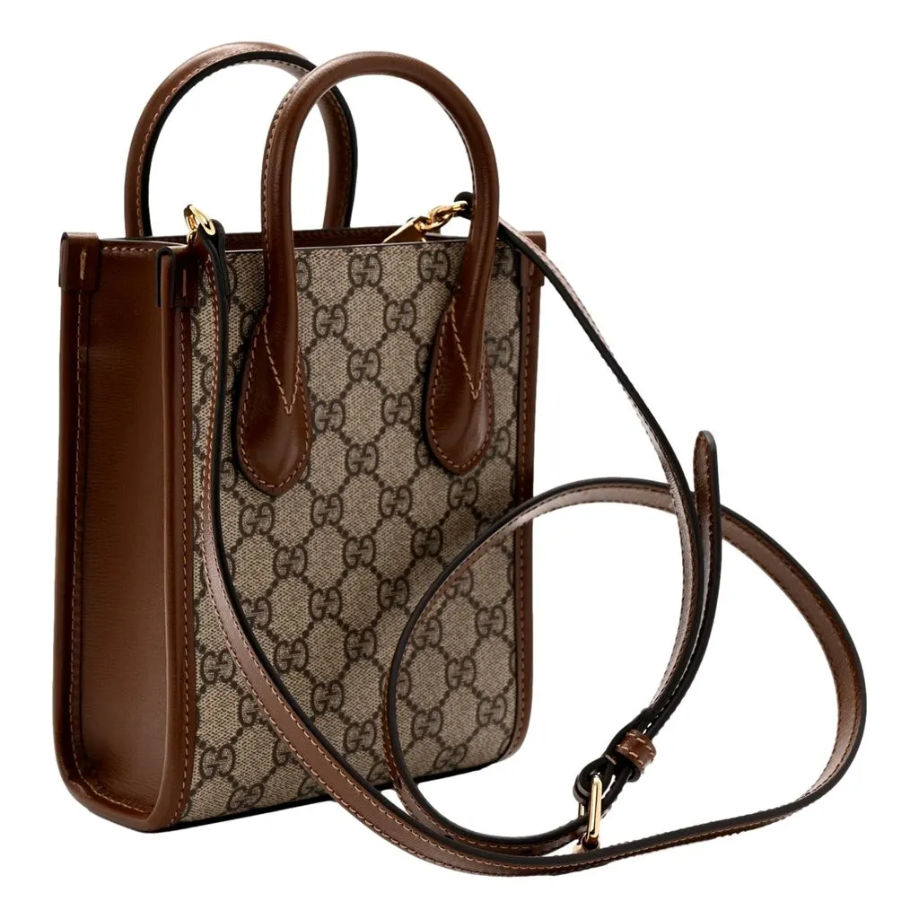 Gucci Interlocking G Leather Emblem Supreme Canvas Brown Leather Mini Shopper Tote Brown Leather Never worn - Back View