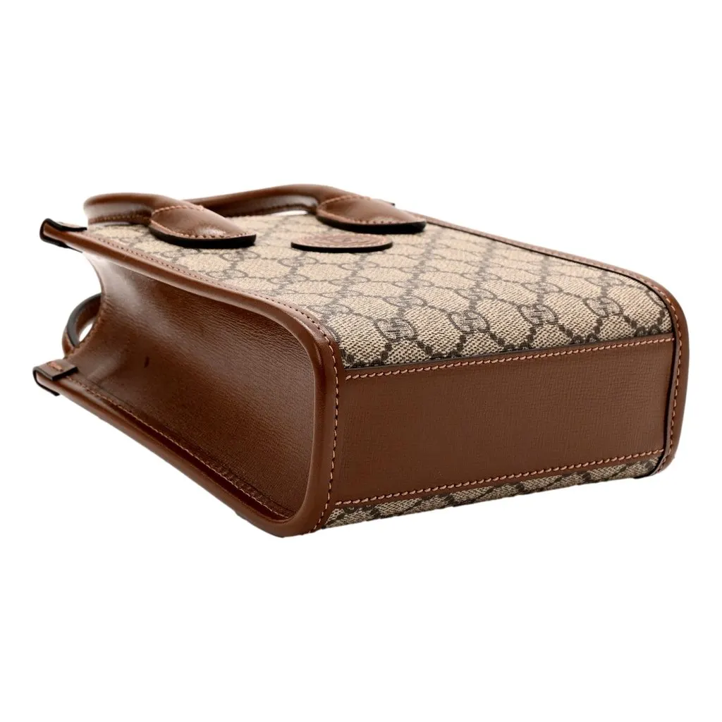 Gucci Interlocking G Leather Emblem Supreme Canvas Brown Leather Mini Shopper Tote Brown Leather Never worn - Inside View