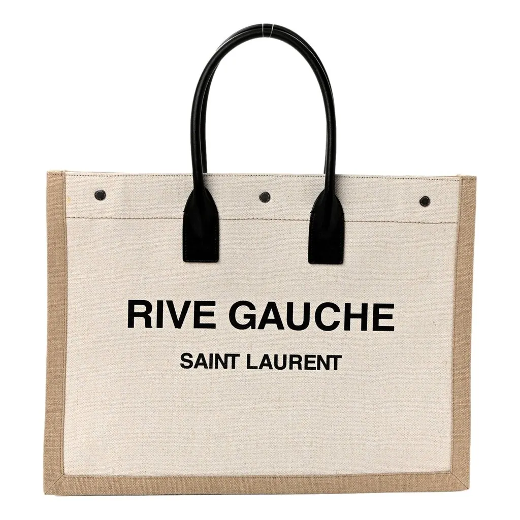Saint Laurent Saint Laurent Rive Gauche Large Tote in Natural Beige Canvas with Black Top Handles Brown Leather Never worn - Front View