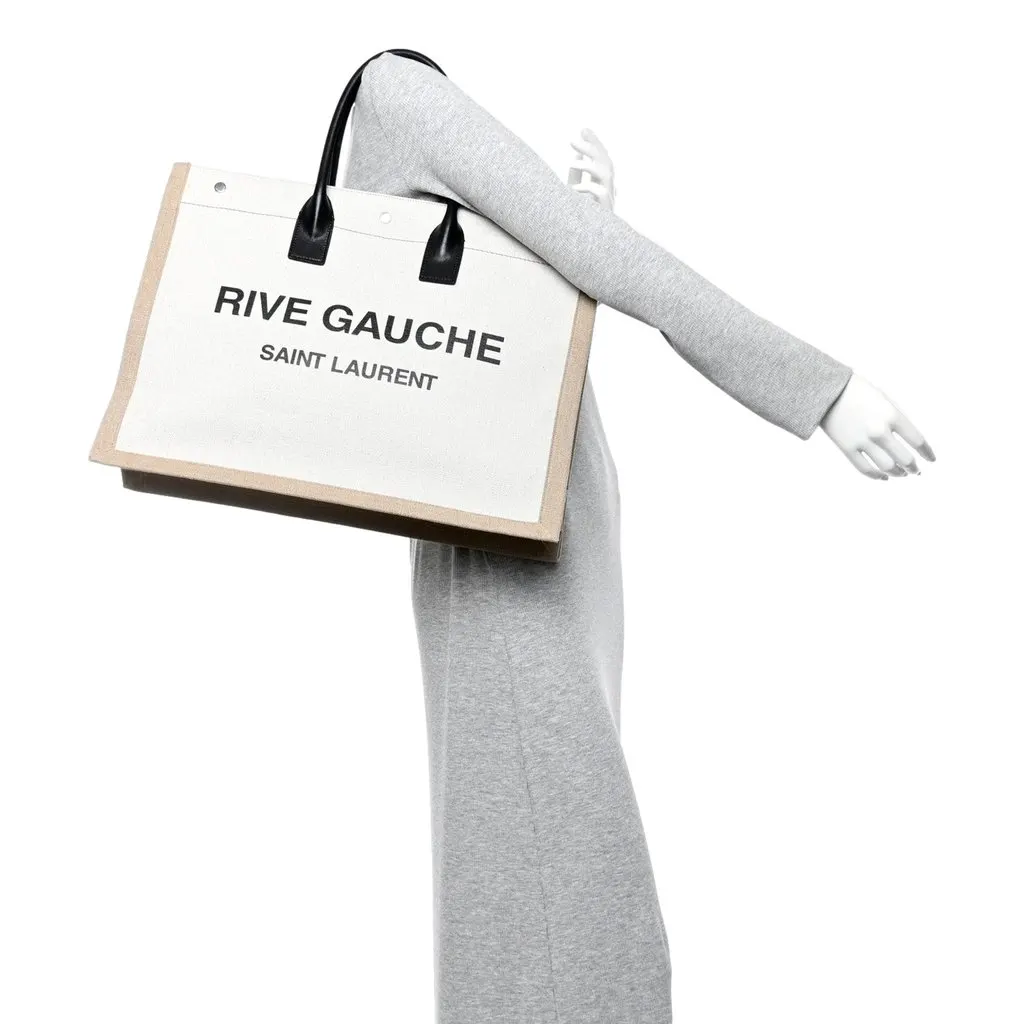Saint Laurent Saint Laurent Rive Gauche Large Tote in Natural Beige Canvas with Black Top Handles Brown Leather Never worn - Box View