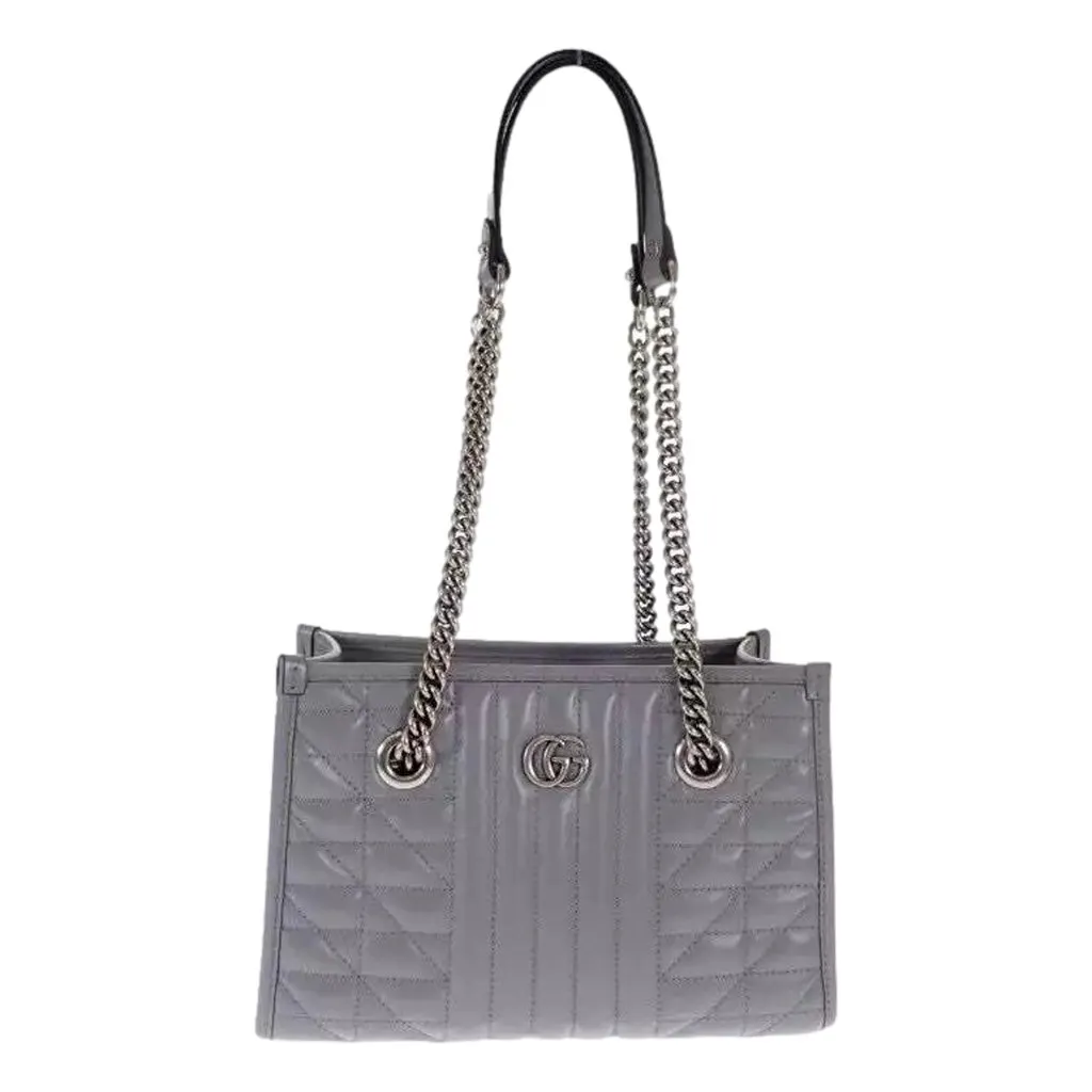 Gucci GG Marmont Silver Medium Chain Shoulder Tote Bag Gray Leather Grey Leather Never worn - Front View