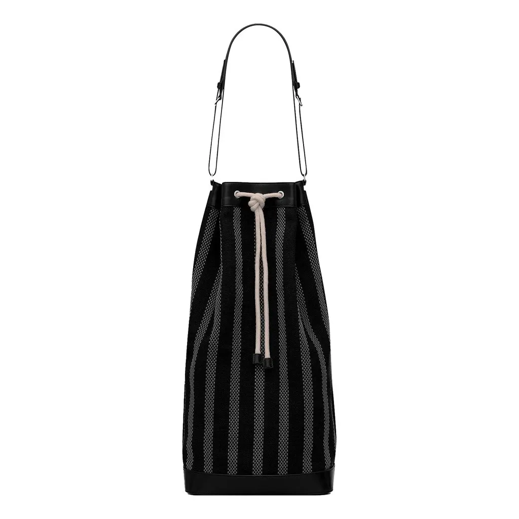 Saint Laurent Canvas Leather Trim Oversized Drawstring Bucket Bag Black Black Leather Never worn - Front View