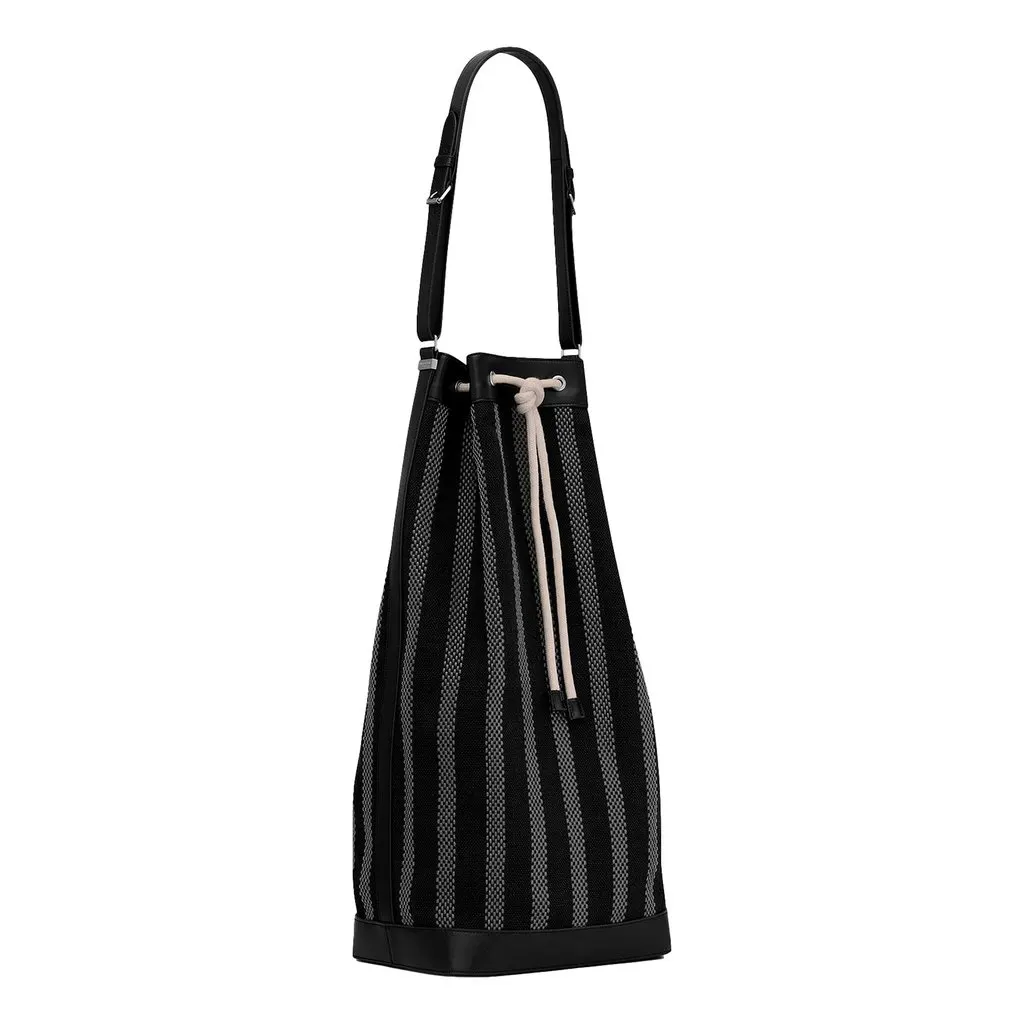 Saint Laurent Canvas Leather Trim Oversized Drawstring Bucket Bag Black Black Leather Never worn - Model View