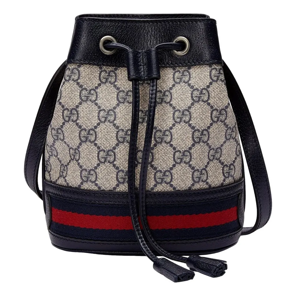 Gucci Ophidia Mini Beige And Blue GG Canvas Bucket Bag Blue Leather Never worn - Front View