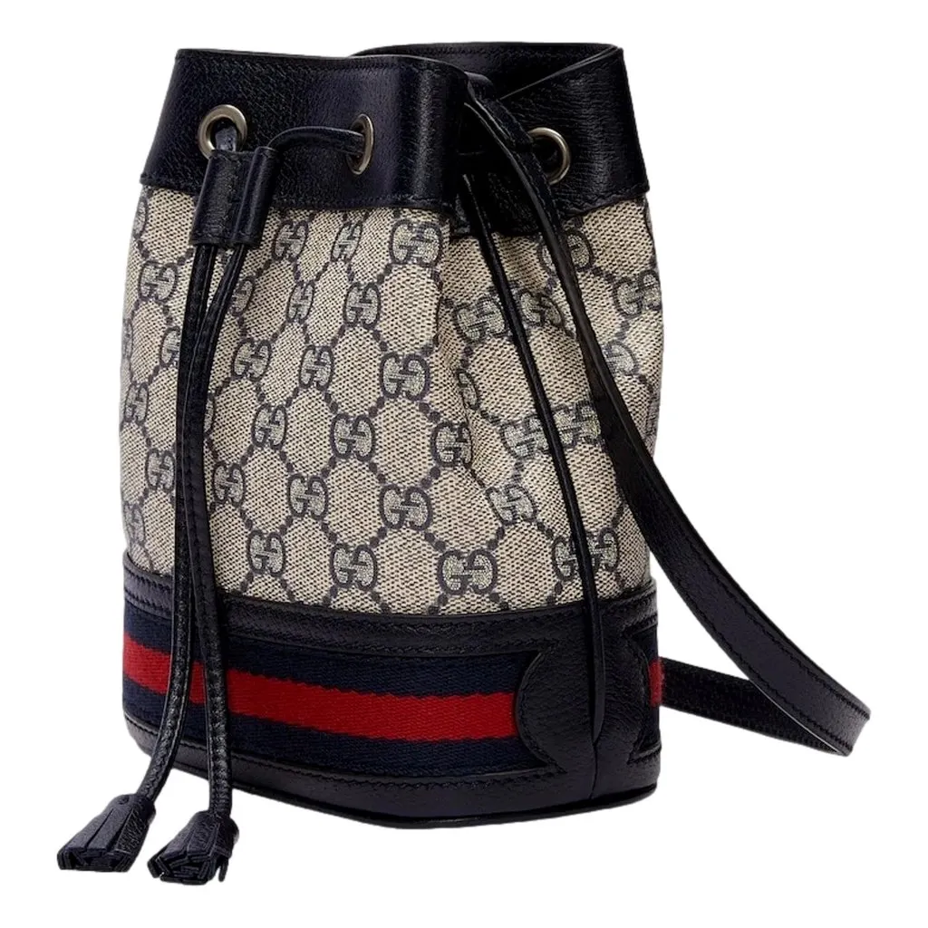 Gucci Ophidia Mini Beige And Blue GG Canvas Bucket Bag Blue Leather Never worn - Back View