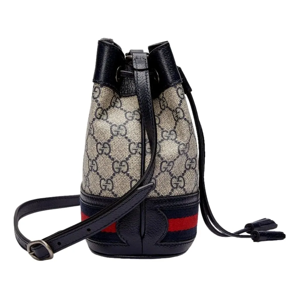 Gucci Ophidia Mini Beige And Blue GG Canvas Bucket Bag Blue Leather Never worn - Model View