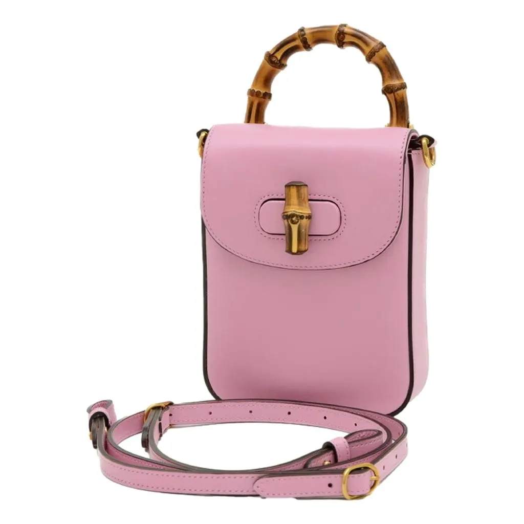 Gucci Bamboo 1947 Mini Pink Leather Top Handle Crossbody Bag Pink Leather Never worn - Front View
