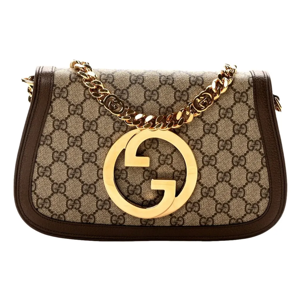 Gucci Blondie GG Supreme Canvas Leather Beige Ebony Shoulder Bag Brown Leather Never worn - Front View