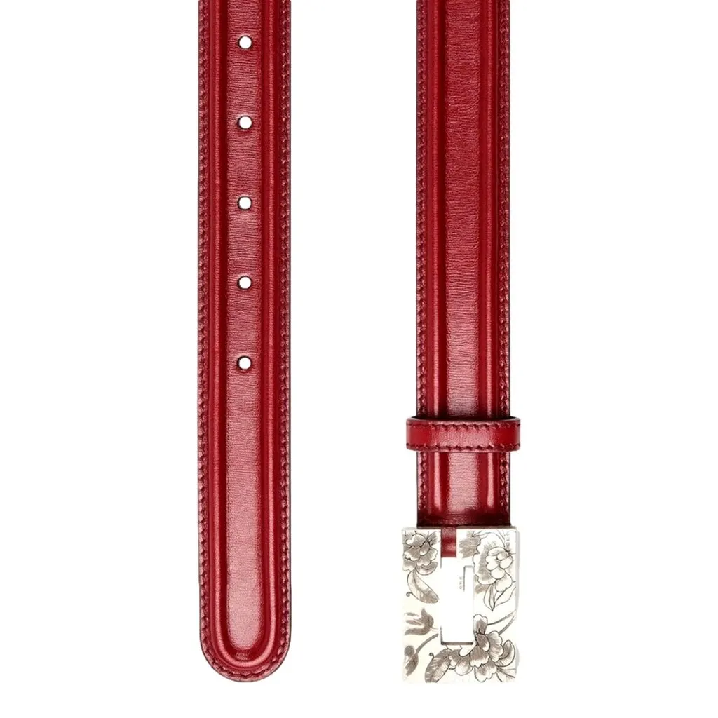 Gucci Memorable Floral Engraved G Buckle Leather Belt Burgundy 80/32 Red Leather Never worn - Front View