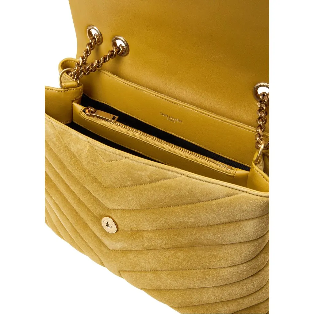 Saint Laurent Loulou Monogram Chartreuse Suede Medium Shoulder Bag Yellow Leather Never worn - Inside View