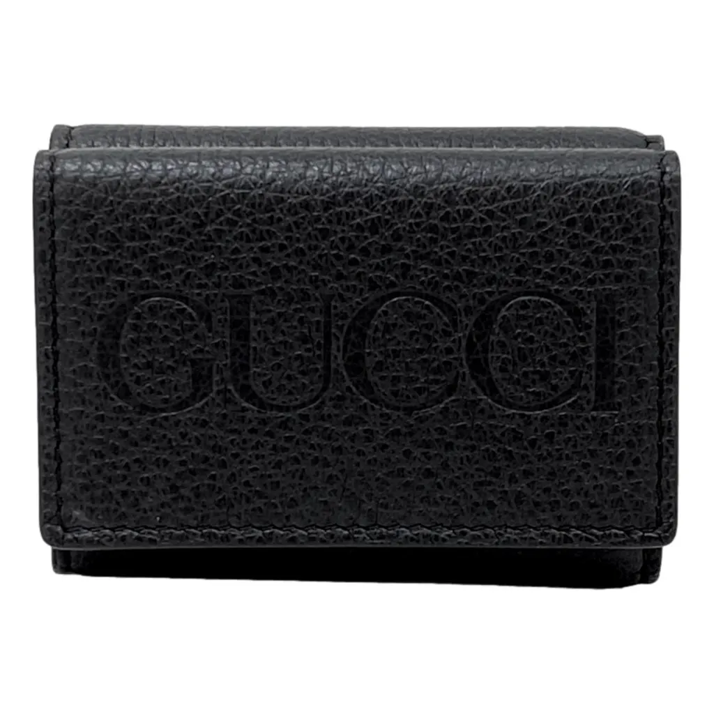 Gucci Black Pebbled Leather Tri Fold Wallet Coin Pouch Gold Hardware Black Leather Never worn - Front View