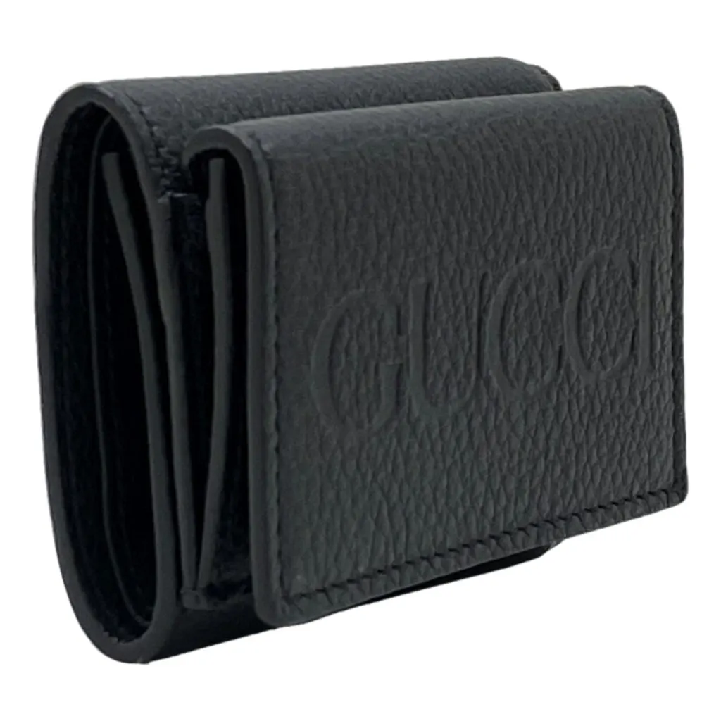 Gucci Black Pebbled Leather Tri Fold Wallet Coin Pouch Gold Hardware Black Leather Never worn - Back View