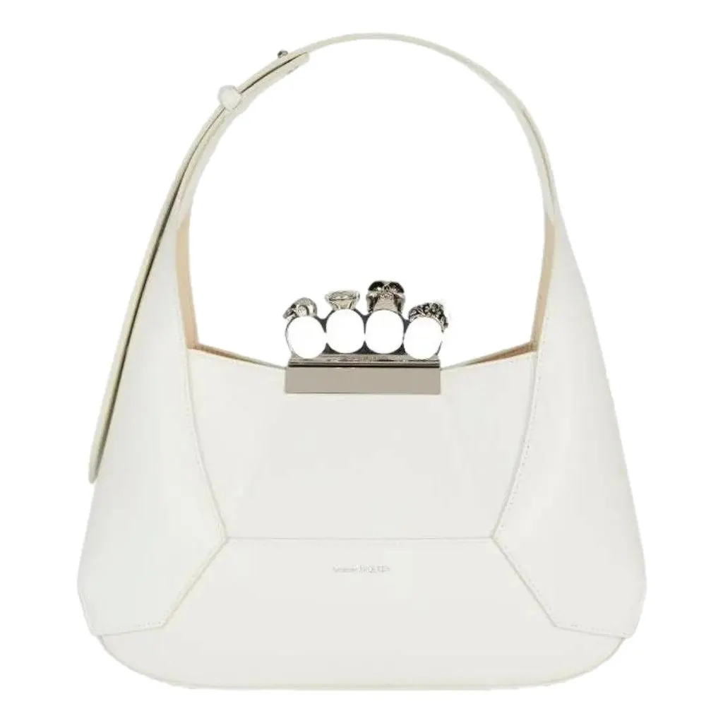 Alexander McQueen The Jewelled Hobo Bag in White Leather with Silver Knuckle White Leather Never worn - Front View