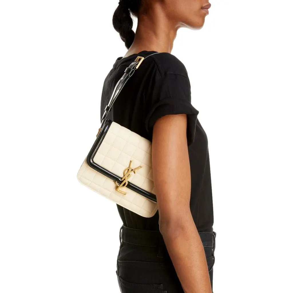 Saint Laurent YSL Solferino Ivory Quilted Suede Leather Shoulder Bag Black Leather Never worn - Box View