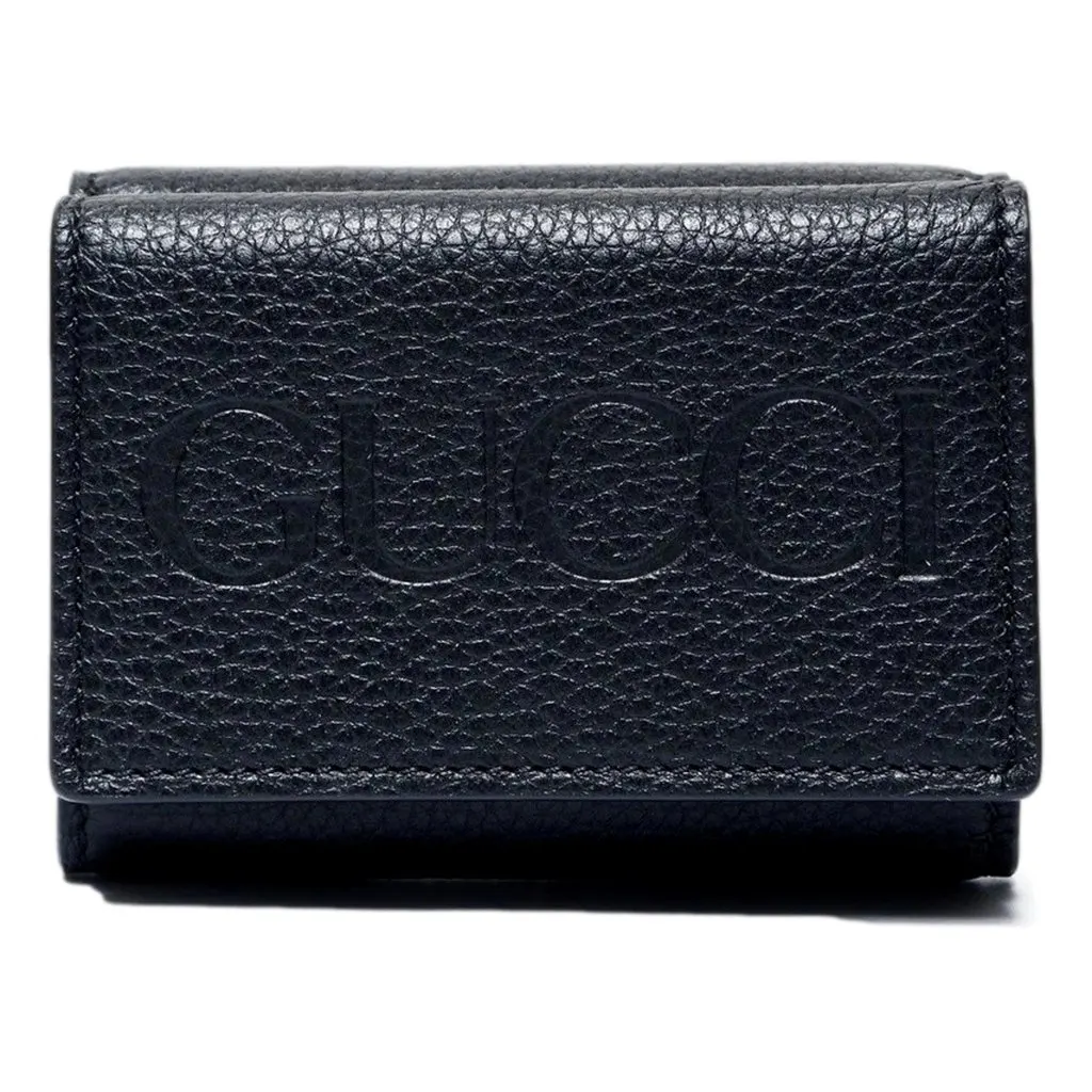 Gucci Embossed Logo Mini Tri-Fold Wallet Black Yellow Pebbled Leather Black Leather Never worn - Front View