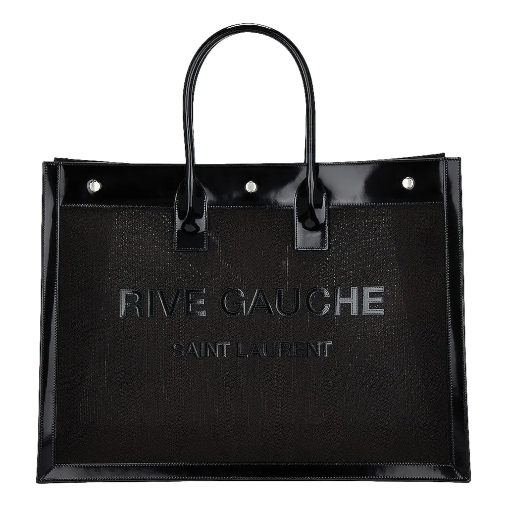 Saint Laurent Rive Gauche Large Tote Bag Black Nylon Leather Trim Silver Hardware Black Never worn - Front View