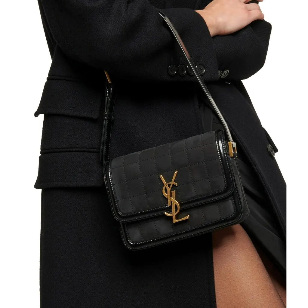 Saint Laurent Solferino Leather Black Quilted Suede Shoulder Bag Black Suede Never worn - Model View