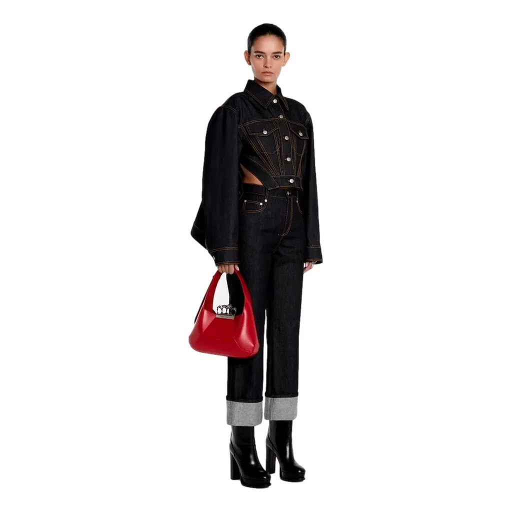 Alexander McQueen The Jewelled Hobo Bag in Red Leather with Silver Knuckle Red Leather Never worn - Model View