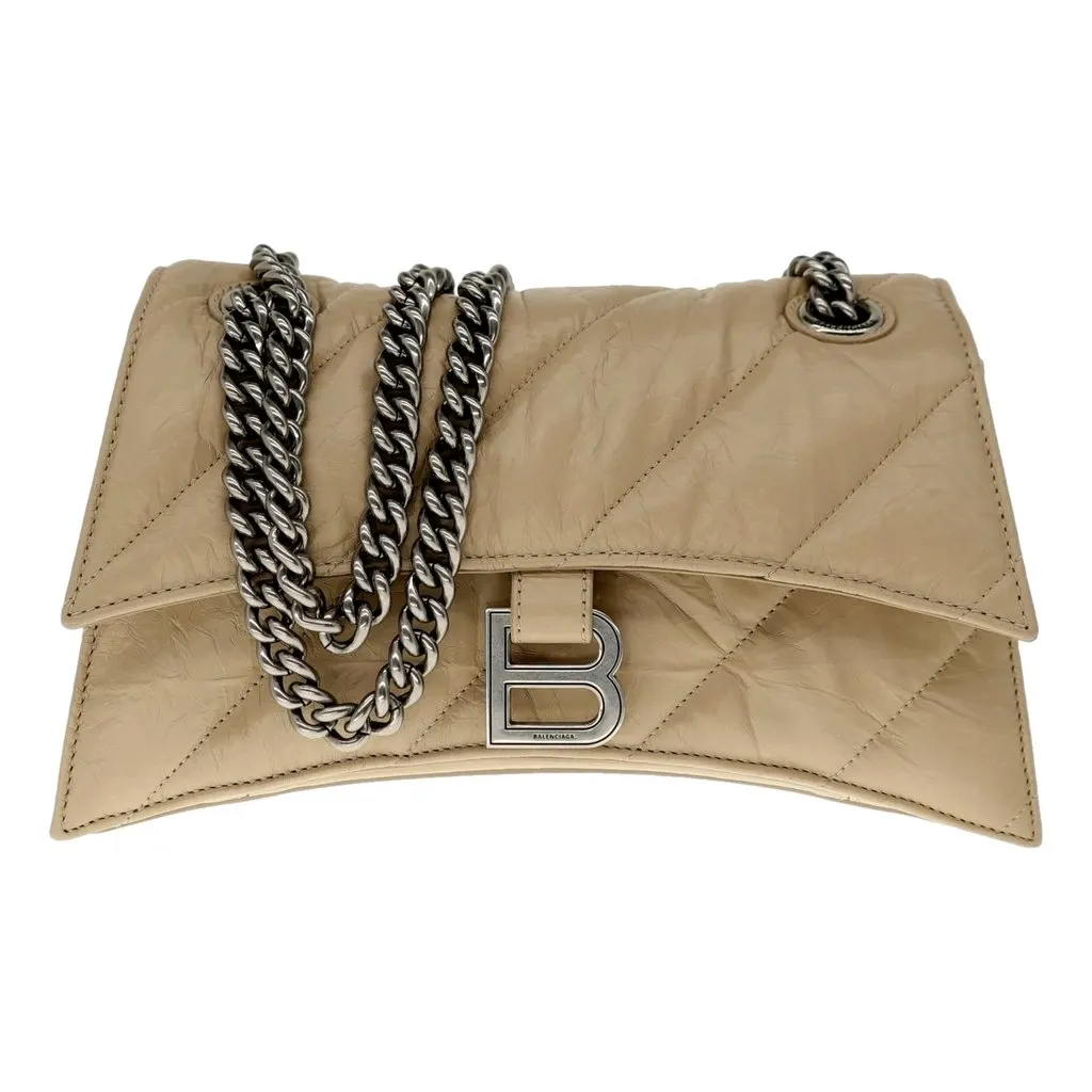 Balenciaga Crush Quilted Leather Chain Shoulder Bag Taupe Silver Hardware Brown Leather Never worn - Front View