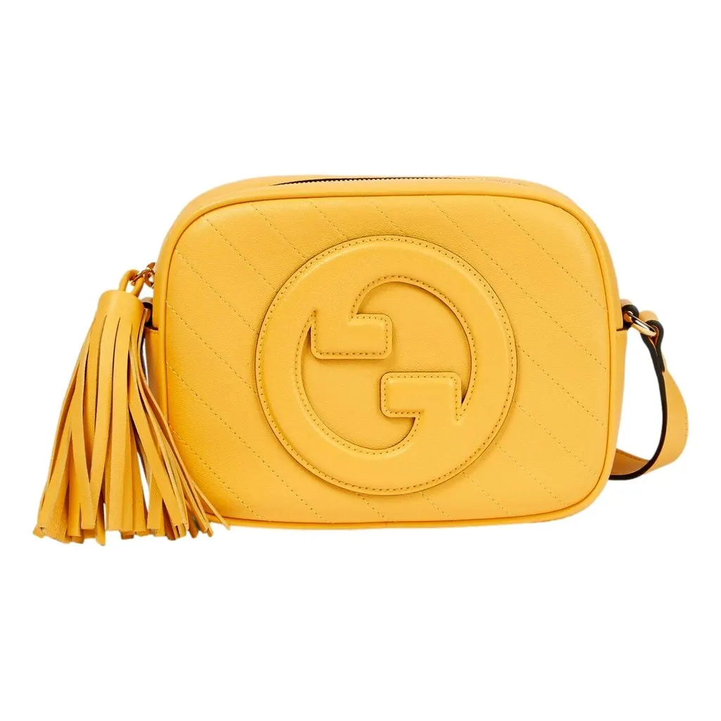 Gucci Blondie GG Patch Yellow Leather Camera Crossbody Bag Diagonal Stitching Yellow Leather Never worn - Front View