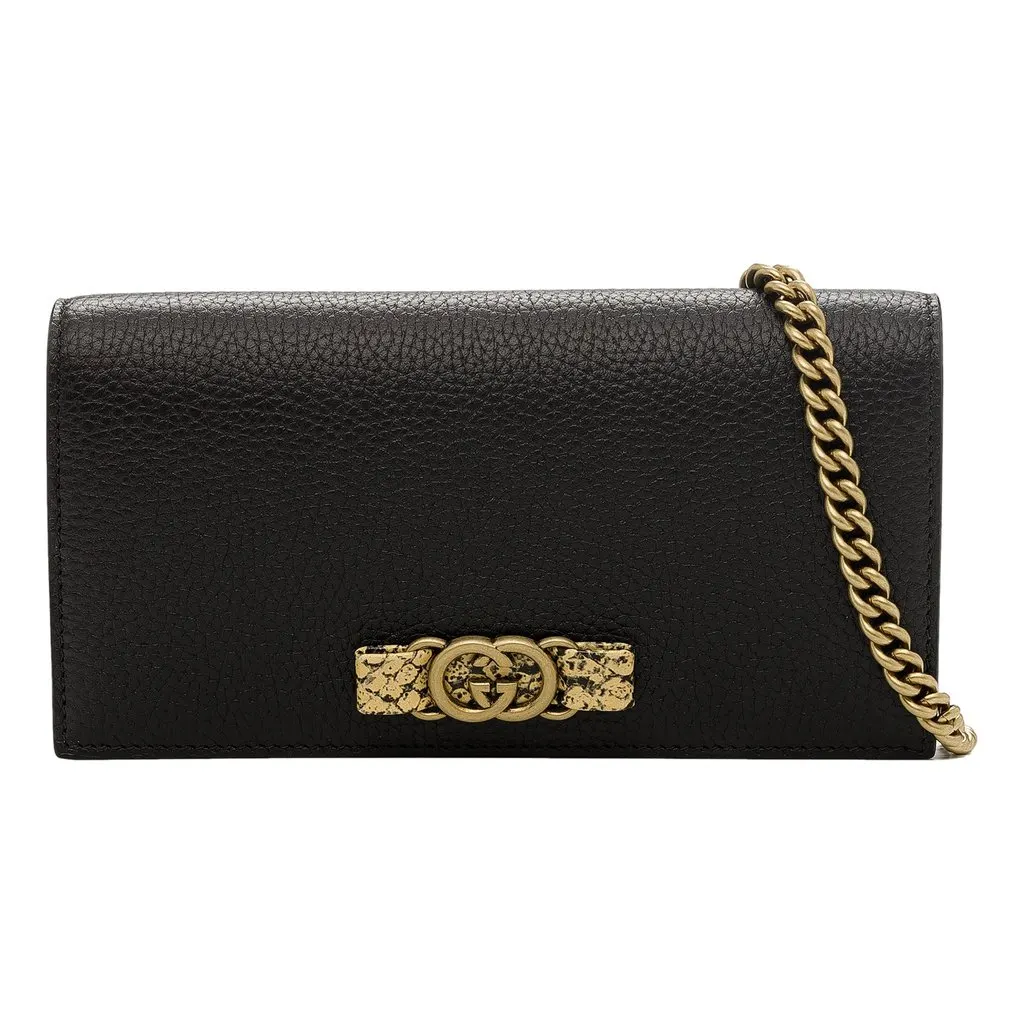 Gucci Interlocking GG Black Python Leather Bow Wallet on Chain Gold Hardware Black Leather Never worn - Front View