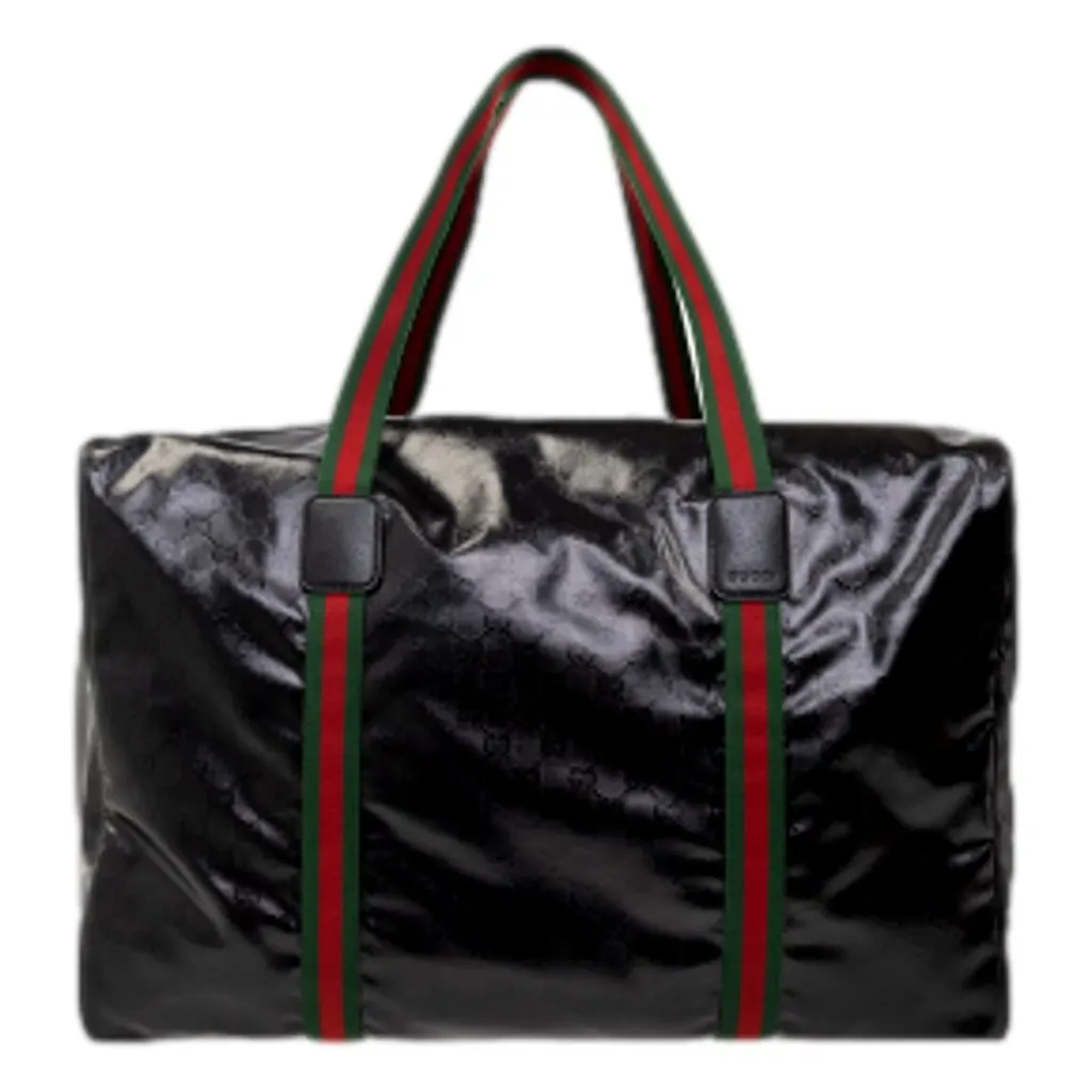 Gucci Duffle Maxi GG Black Glossy Fabric Duffel Bag Leather Trim Black Leather Never worn - Front View