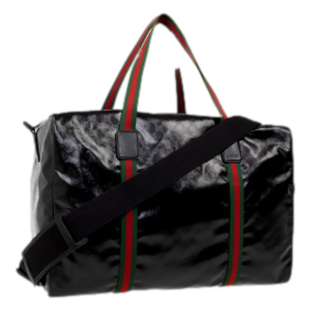 Gucci Duffle Maxi GG Black Glossy Fabric Duffel Bag Leather Trim Black Leather Never worn - Back View