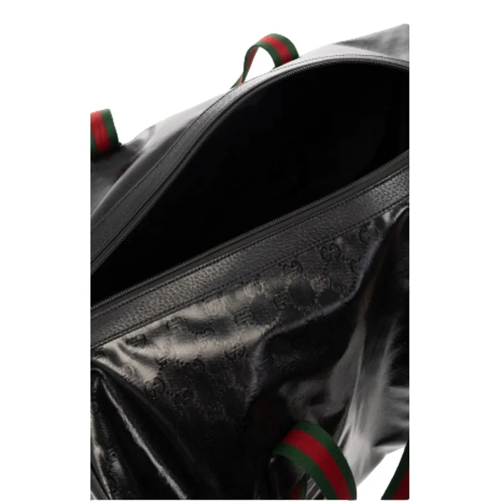 Gucci Duffle Maxi GG Black Glossy Fabric Duffel Bag Leather Trim Black Leather Never worn - Inside View