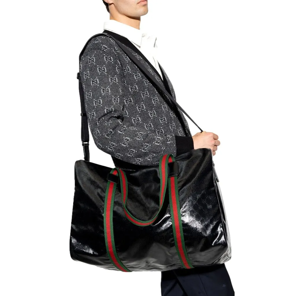 Gucci Duffle Maxi GG Black Glossy Fabric Duffel Bag Leather Trim Black Leather Never worn - Box View