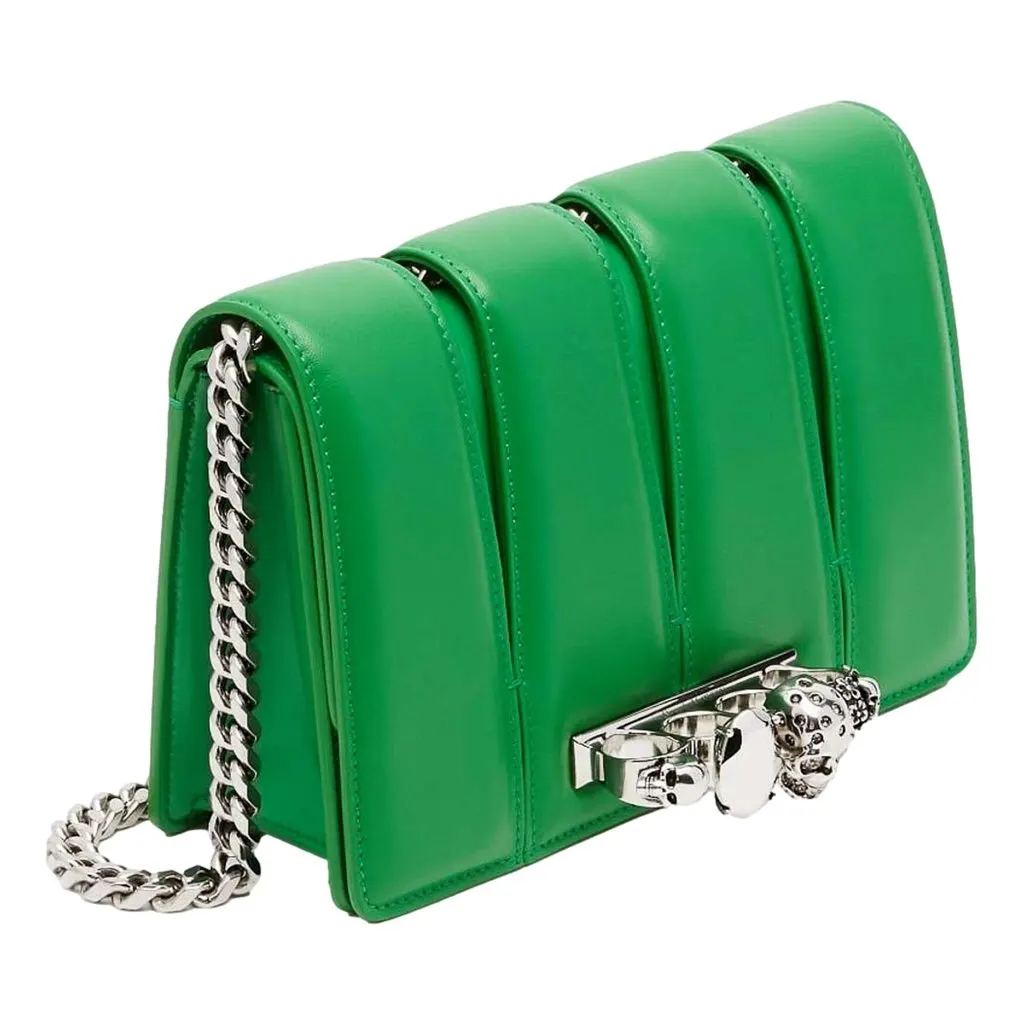 Alexander McQueen The Slash Skull Ring Clutch Bright Green Smooth Leather Silver Hardware Green Leather Never worn - Inside View