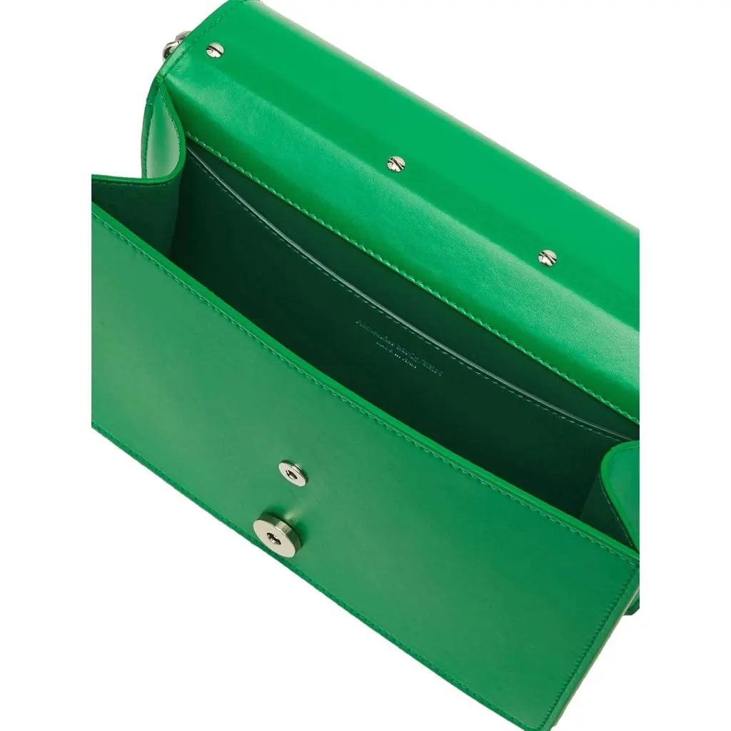 Alexander McQueen The Slash Skull Ring Clutch Bright Green Smooth Leather Silver Hardware Green Leather Never worn - Model View